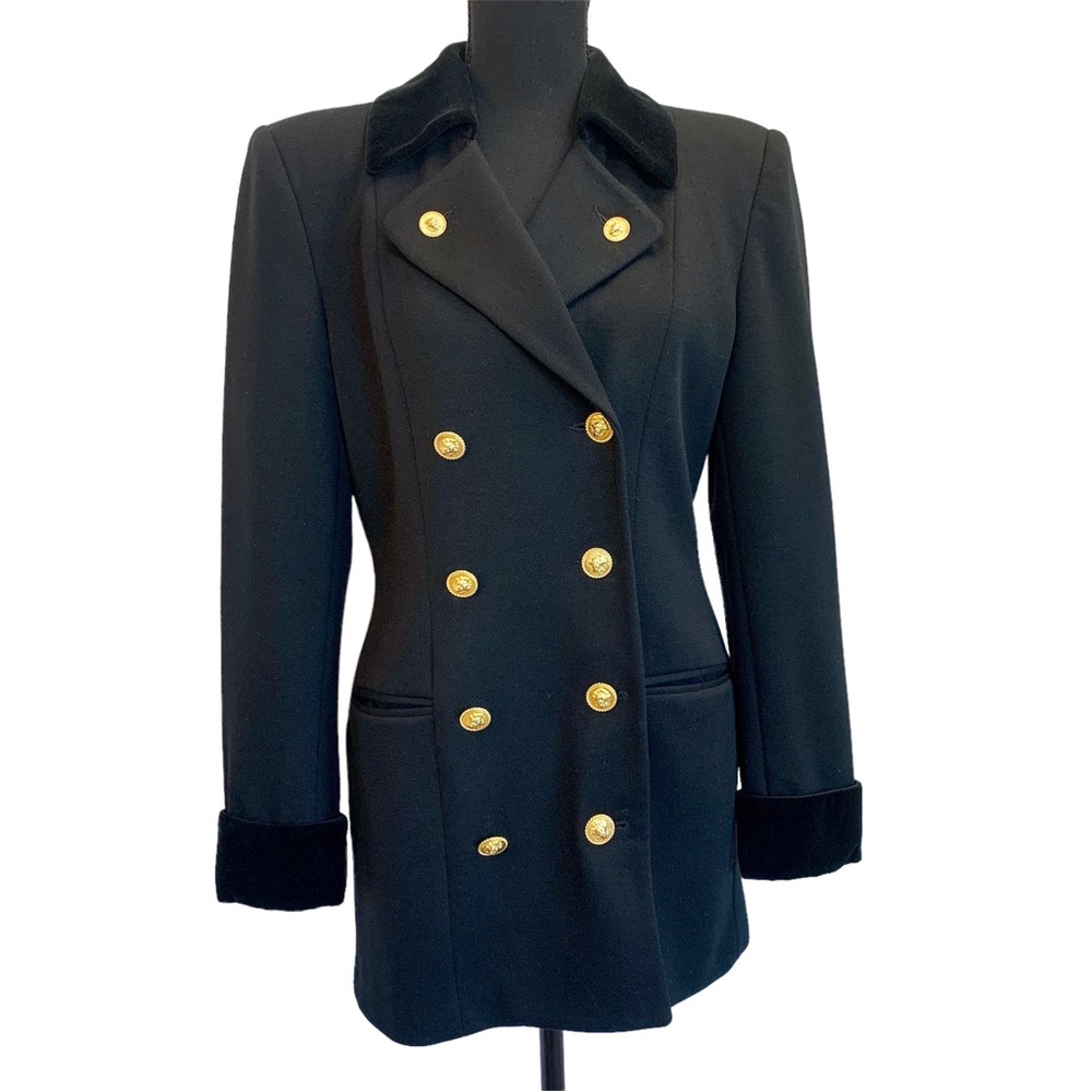 Casual Corner Vintage black Wool velvet trim double breasted blazer Sz 8